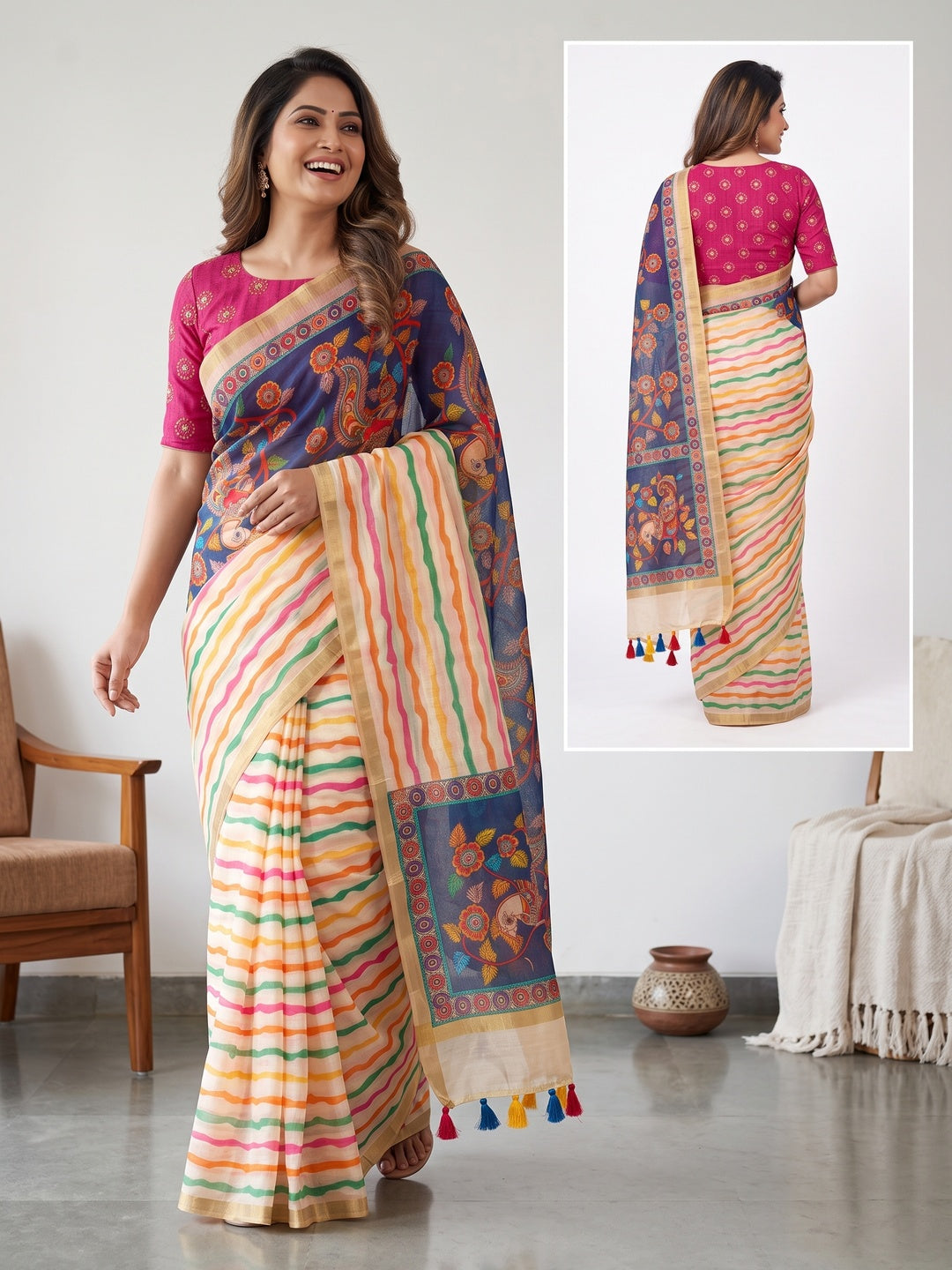 Peachmode Multicolor B Kalamkari Print Linen Cotton Saree - Image 5