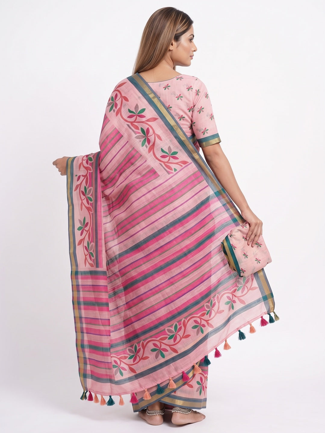 Peachmode Multicolor A Kalamkari Print Linen Cotton Saree - Image 3