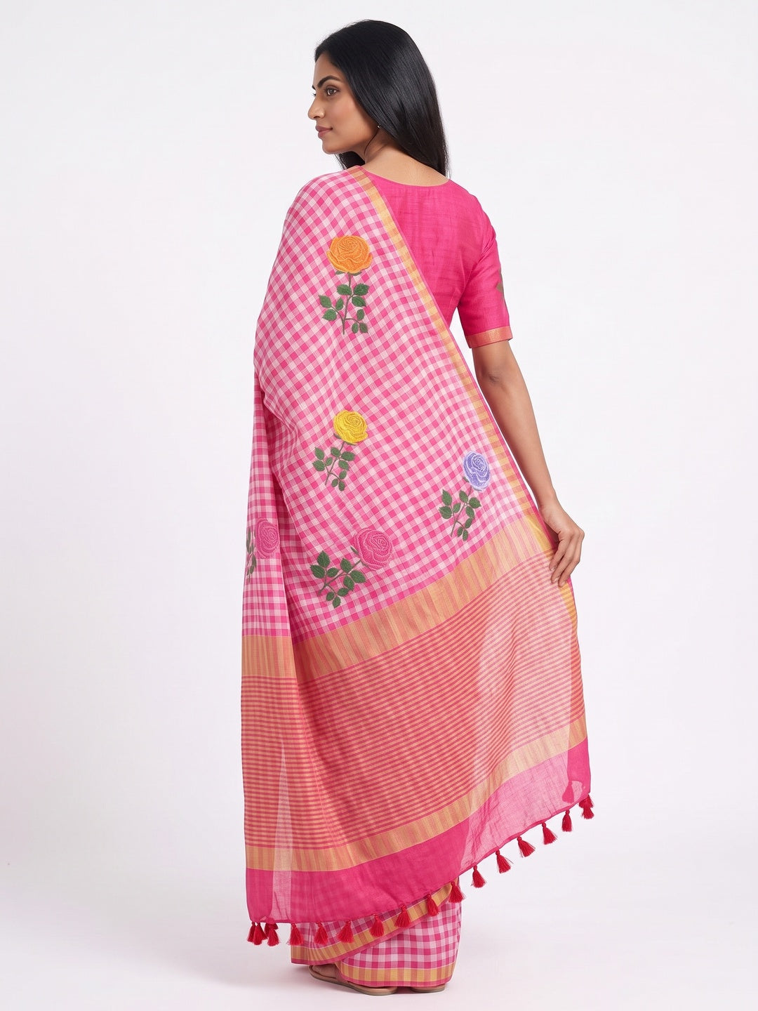 Peachmode Rani Pink Kalamkari Print Linen Cotton Saree - Image 3