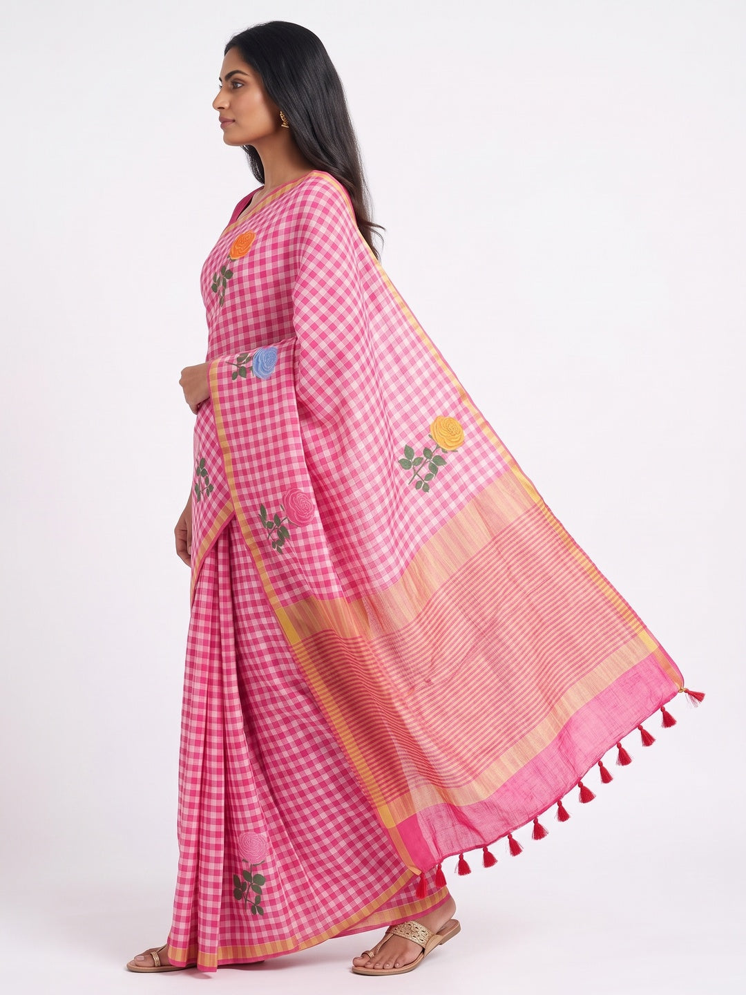 Peachmode Rani Pink Kalamkari Print Linen Cotton Saree - Image 4