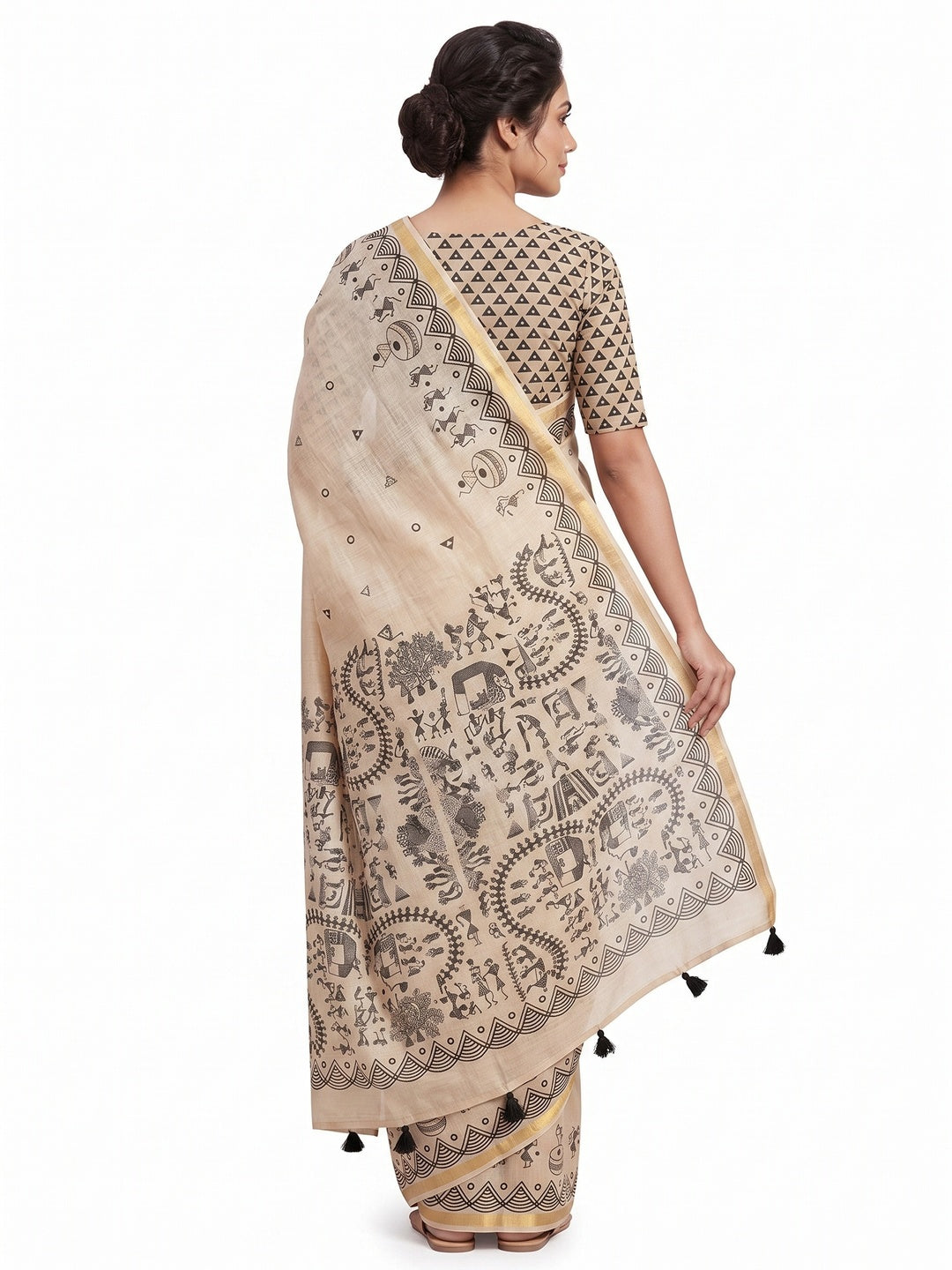Peachmode Beige Kalamkari Print Linen Cotton Saree - Image 3