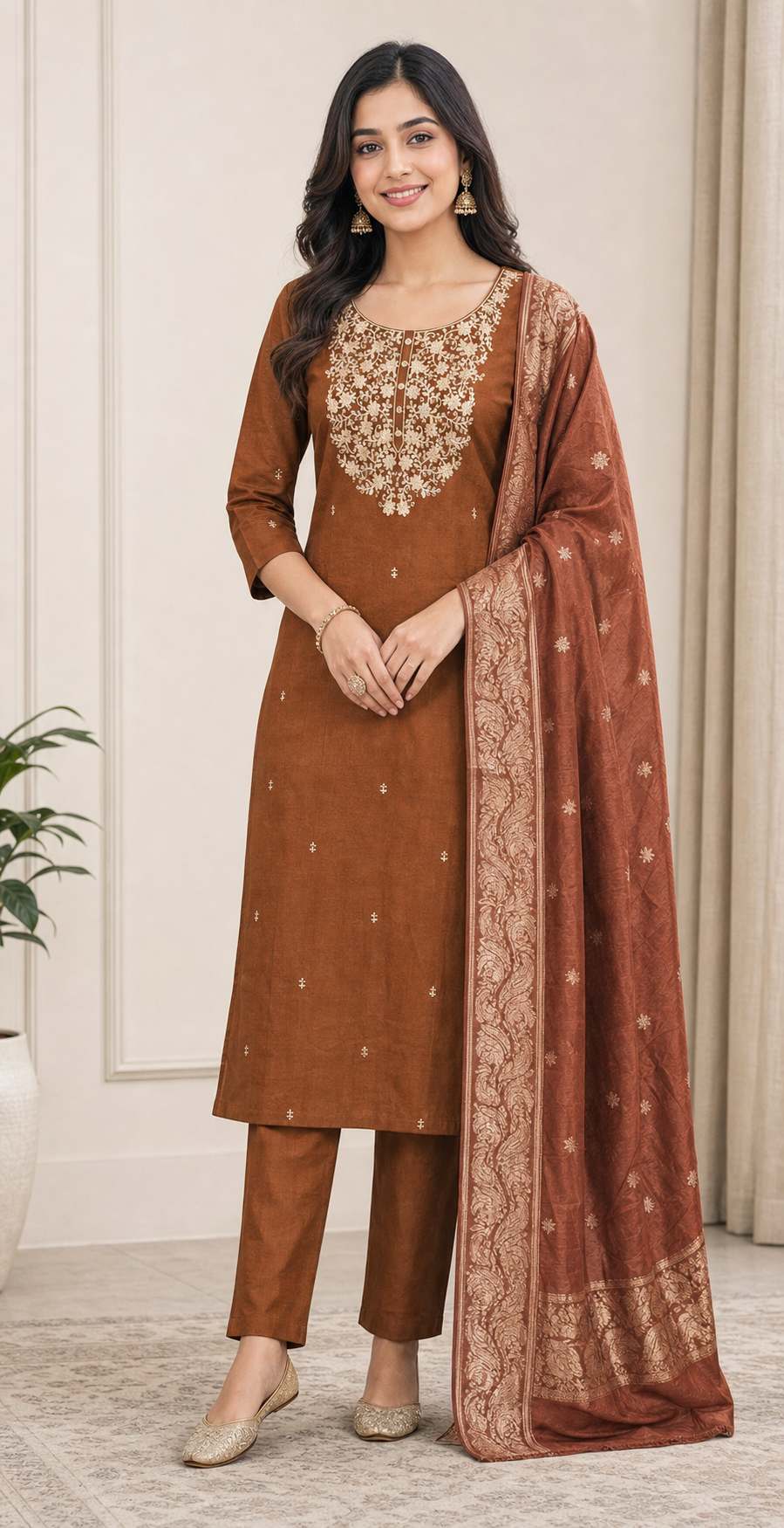 Peachmode Brown Embroidered Roman Silk Dress Material - Image 5