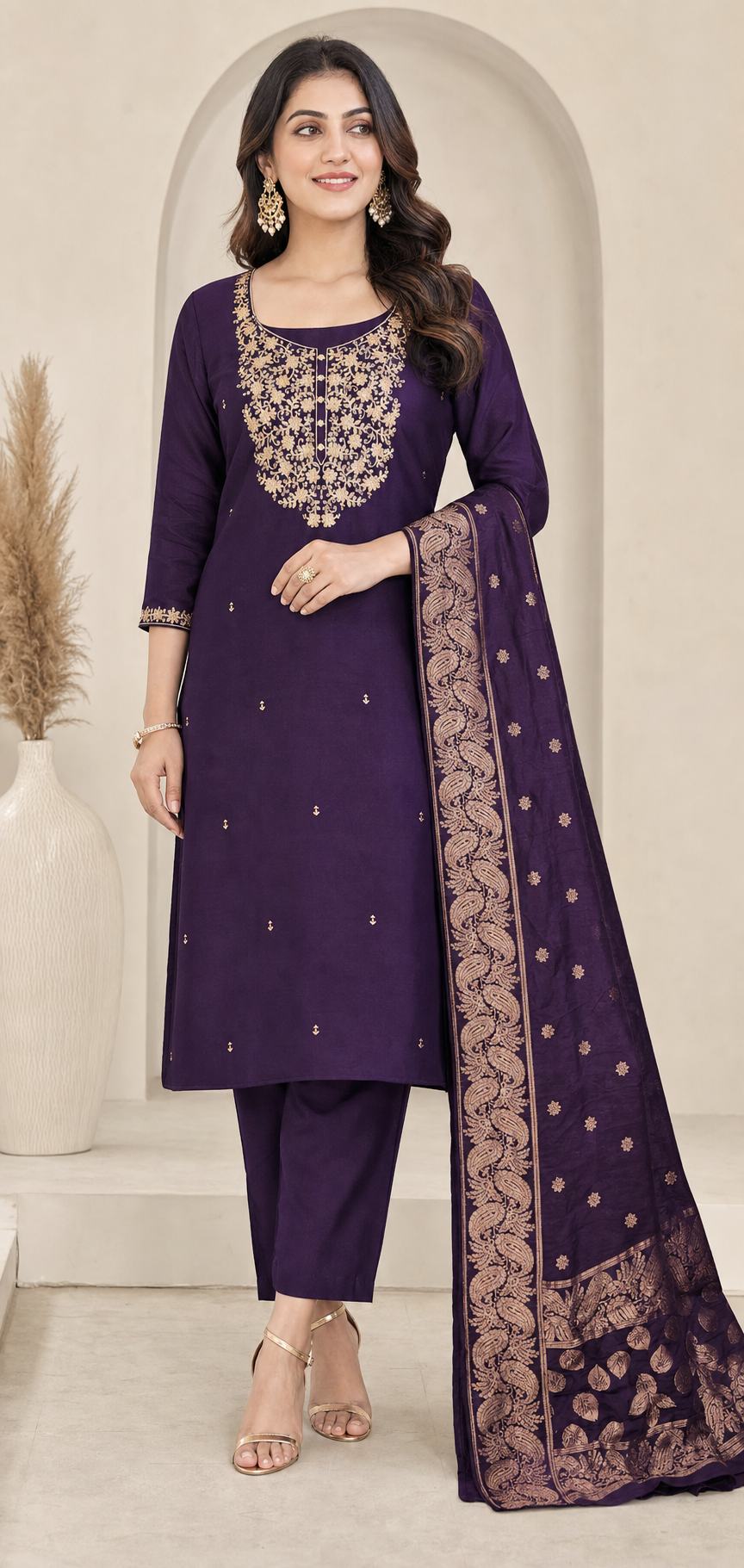 Peachmode Deep Purple Embroidered Roman Silk Dress Material - Image 1