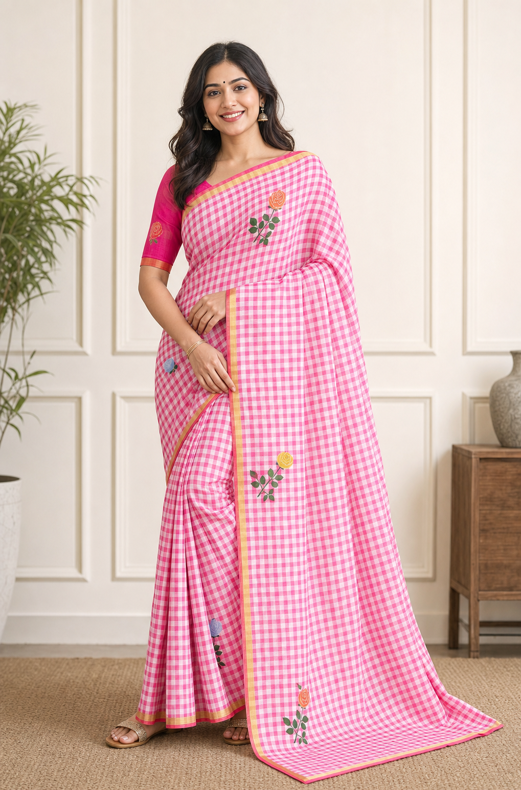 Peachmode Rani Pink Kalamkari Print Linen Cotton Saree - Image 1