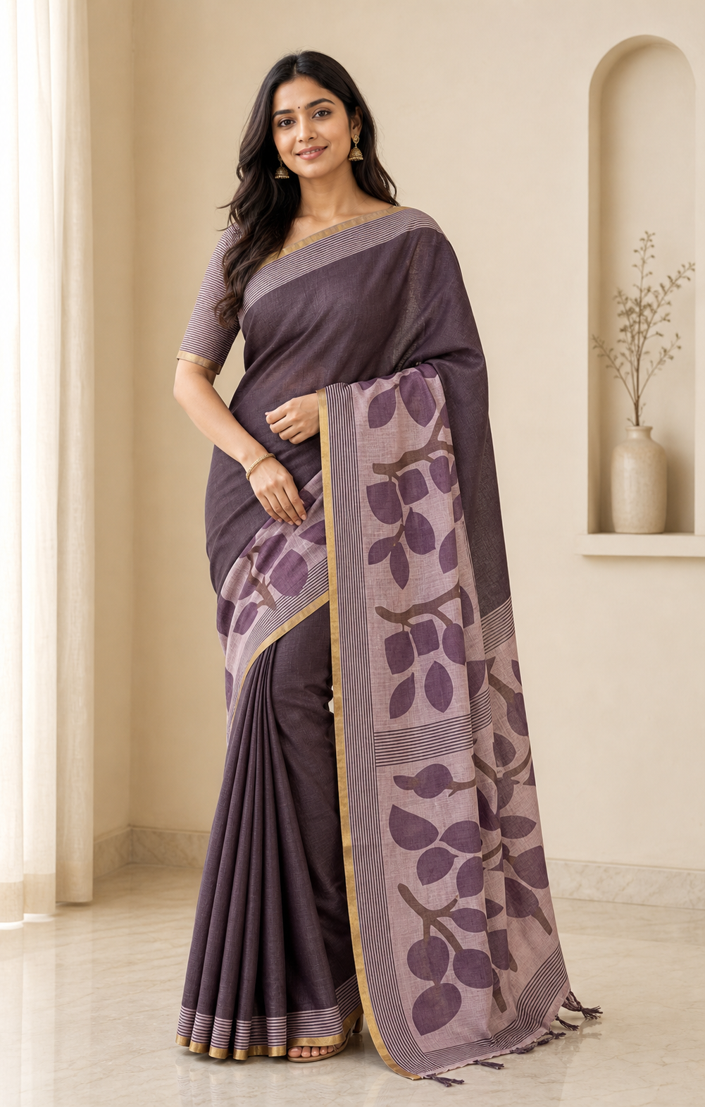 Peachmode Brown Kalamkari Print Linen Cotton Saree - Image 1