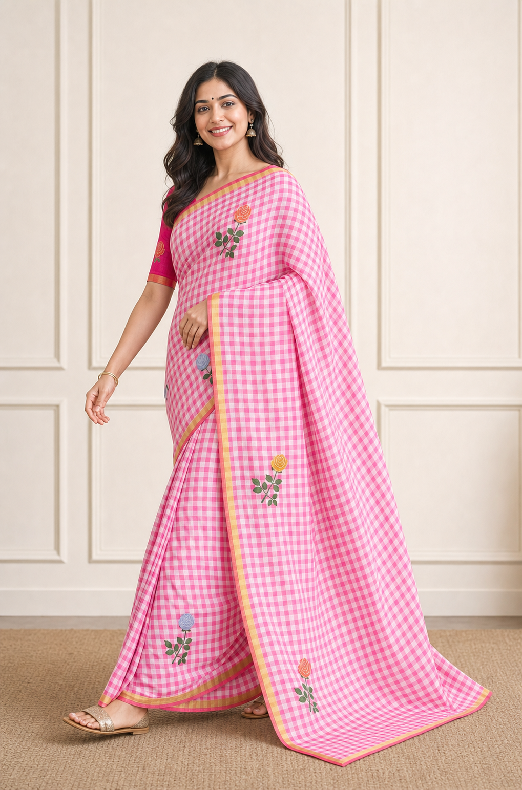 Peachmode Rani Pink Kalamkari Print Linen Cotton Saree - Image 5