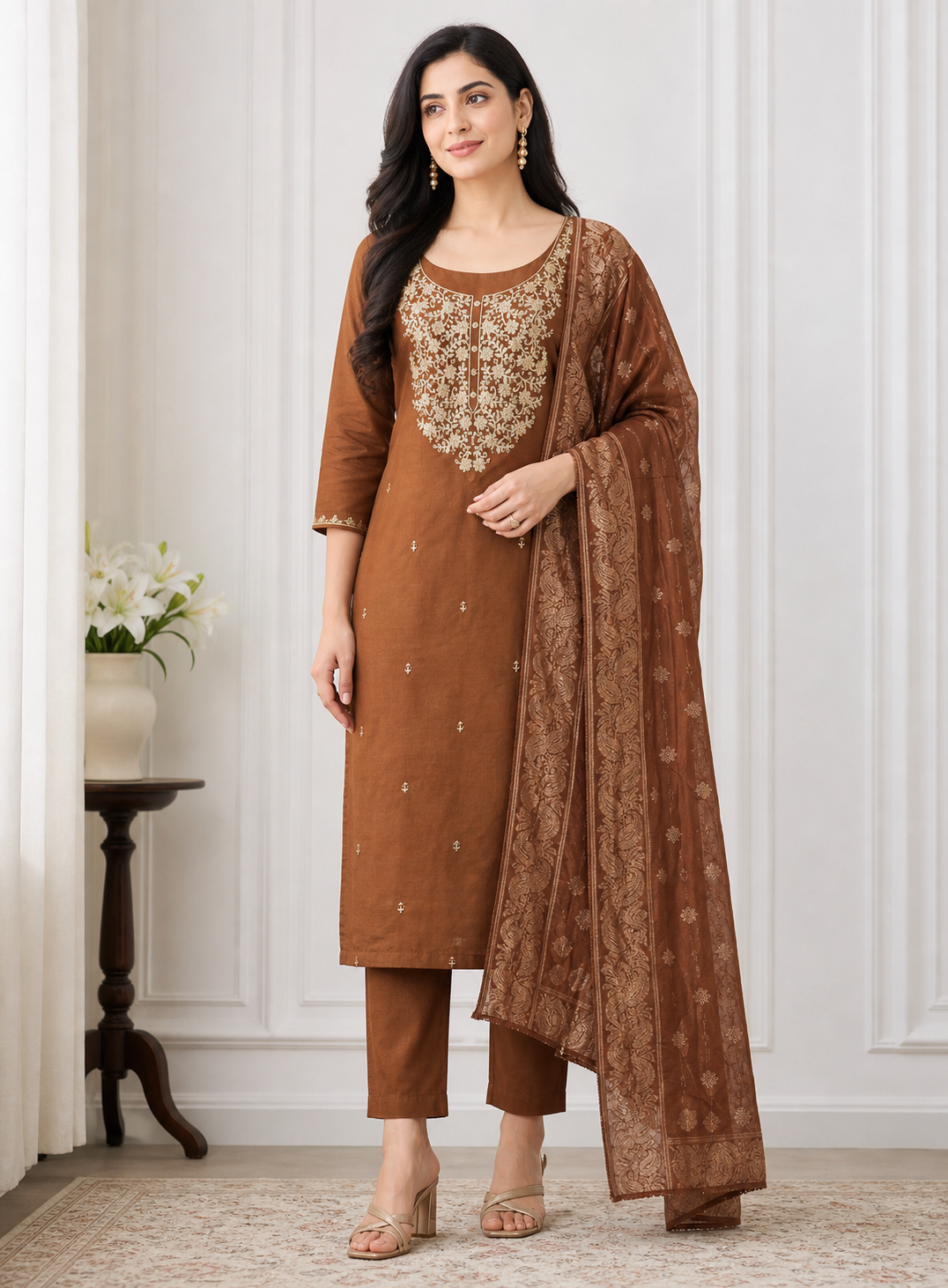 Peachmode Brown Embroidered Roman Silk Dress Material - Image 1