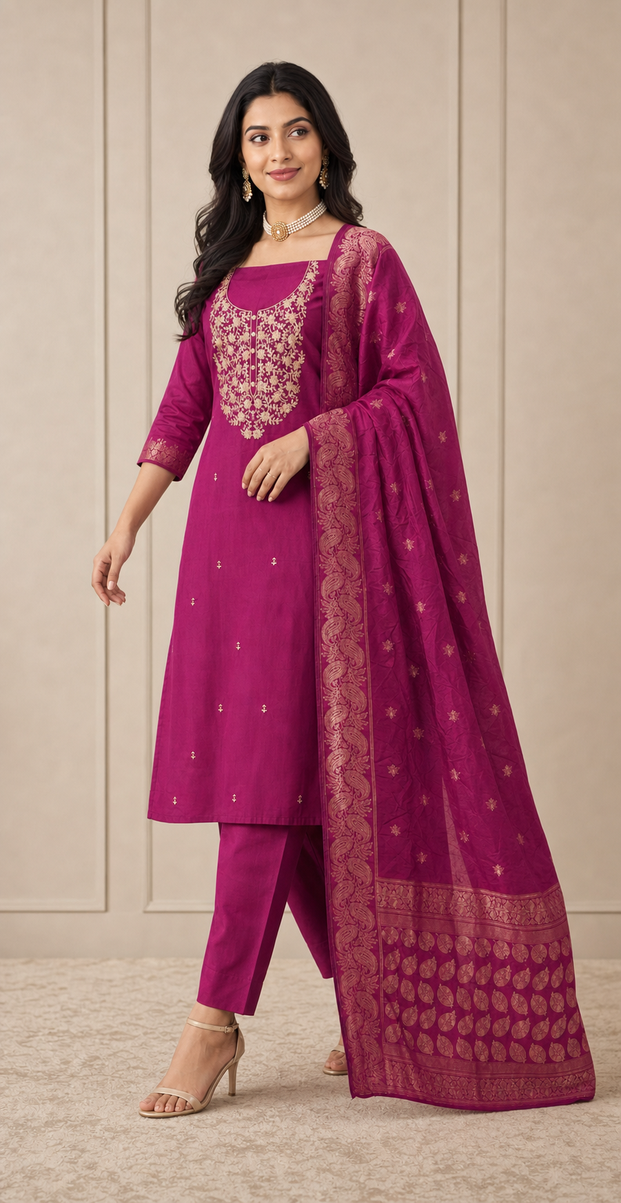 Peachmode Magenta Embroidered Roman Silk Dress Material - Image 5