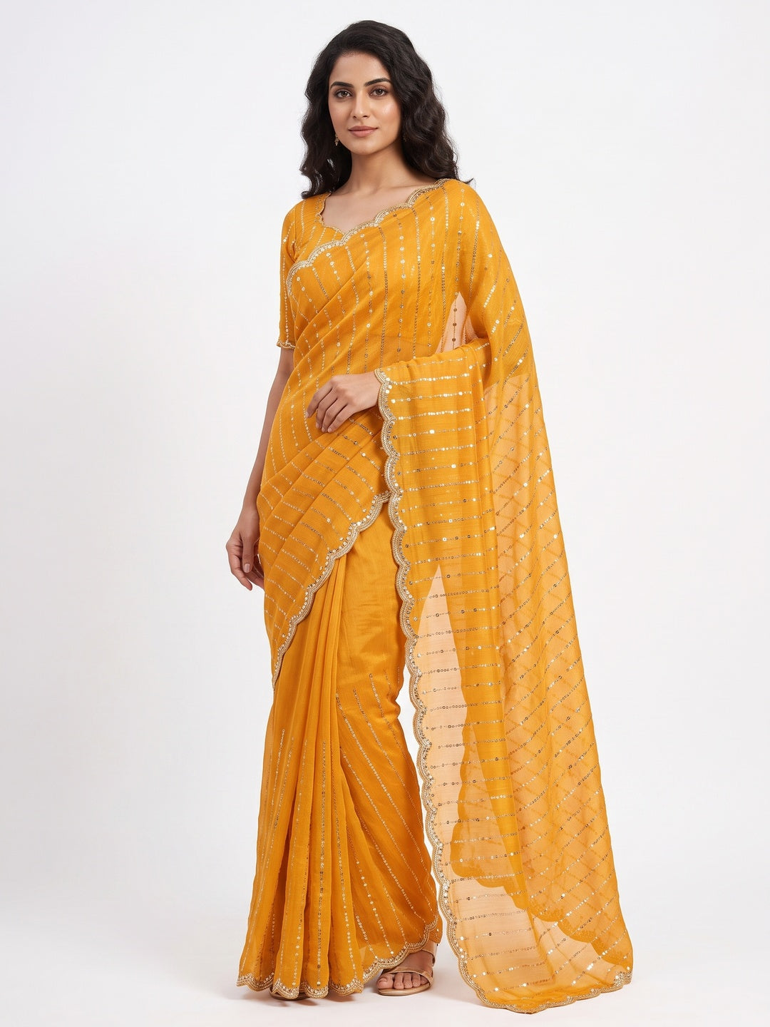 Peachmode Mustard Embellished Chinon Saree - Image 1
