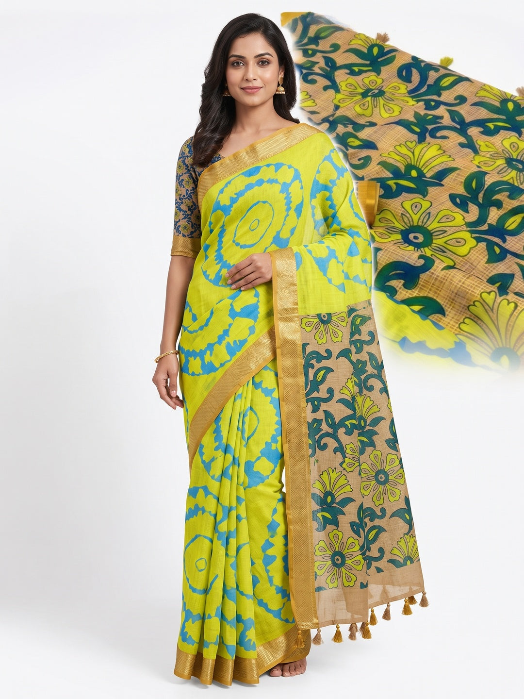 Peachmode Lemon Yellow Kalamkari Print Linen Cotton Saree - Image 1