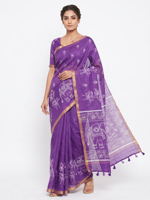 Peachmode Lavender Kalamkari Print Linen Cotton Saree - Image 1