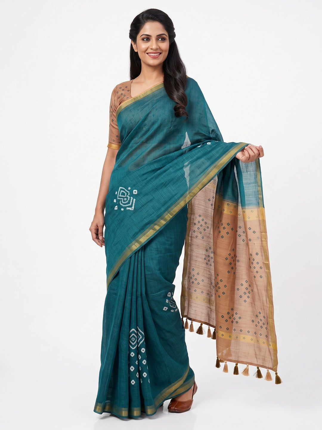 Peachmode Teal Kalamkari Print Linen Cotton Saree - Image 1