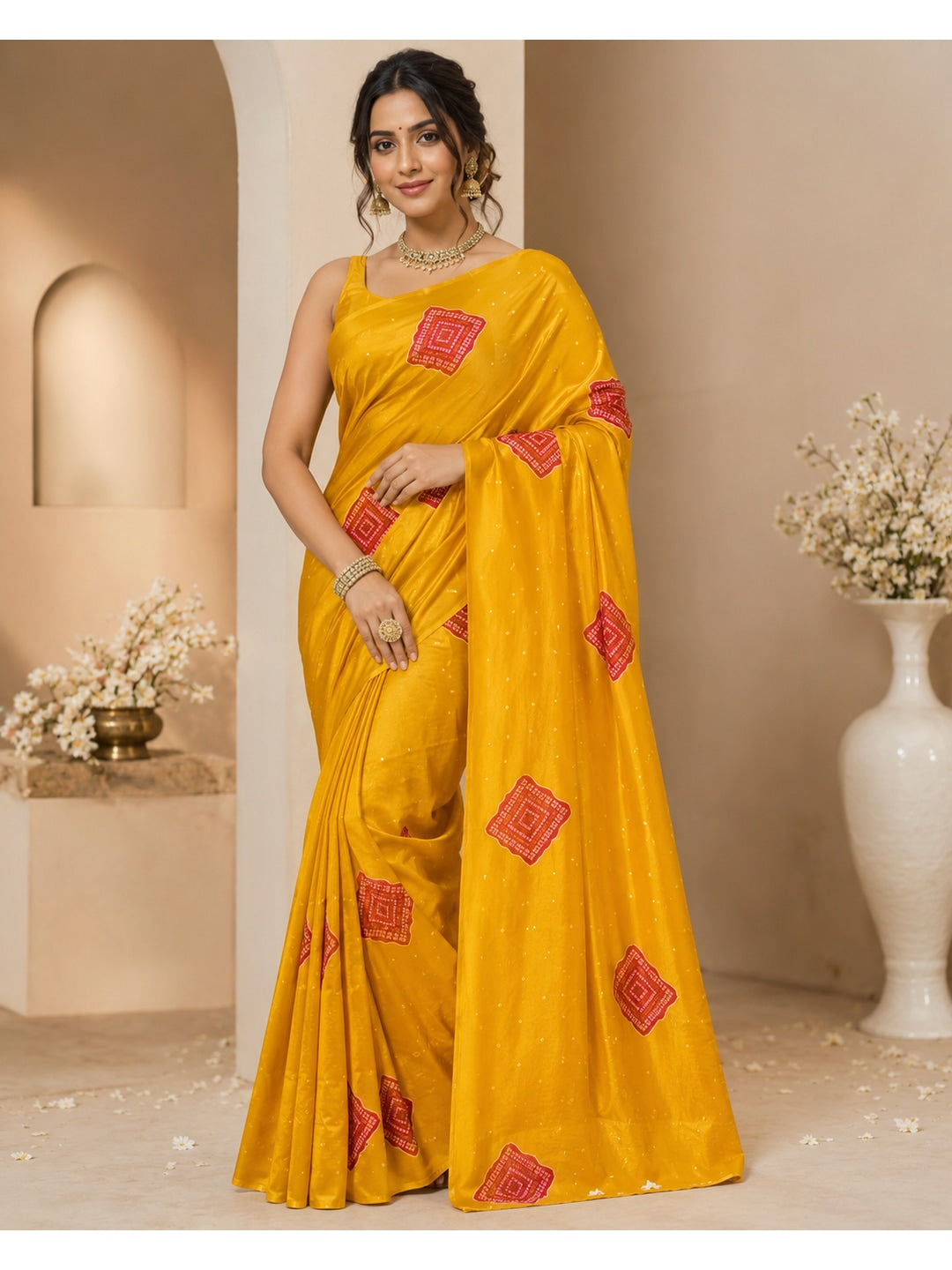 Peachmode Mustard Red Bandhani Print Crepe Silk Saree - Image 1