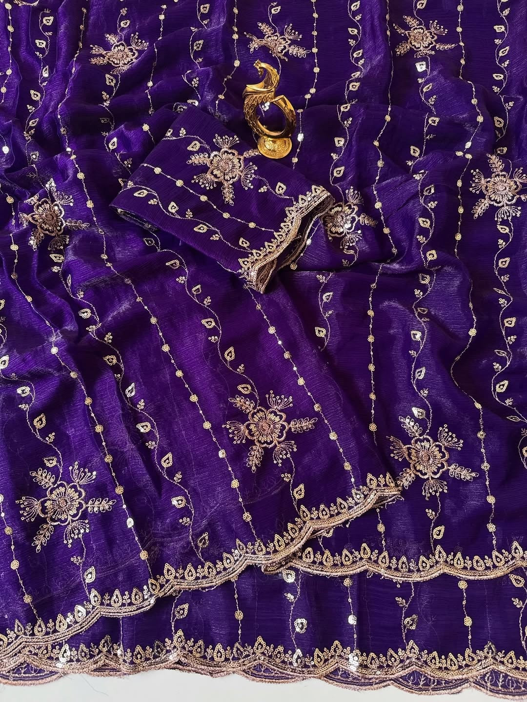 Peachmode Purple Floral Embroidered Fendi Satin Saree - Image 2