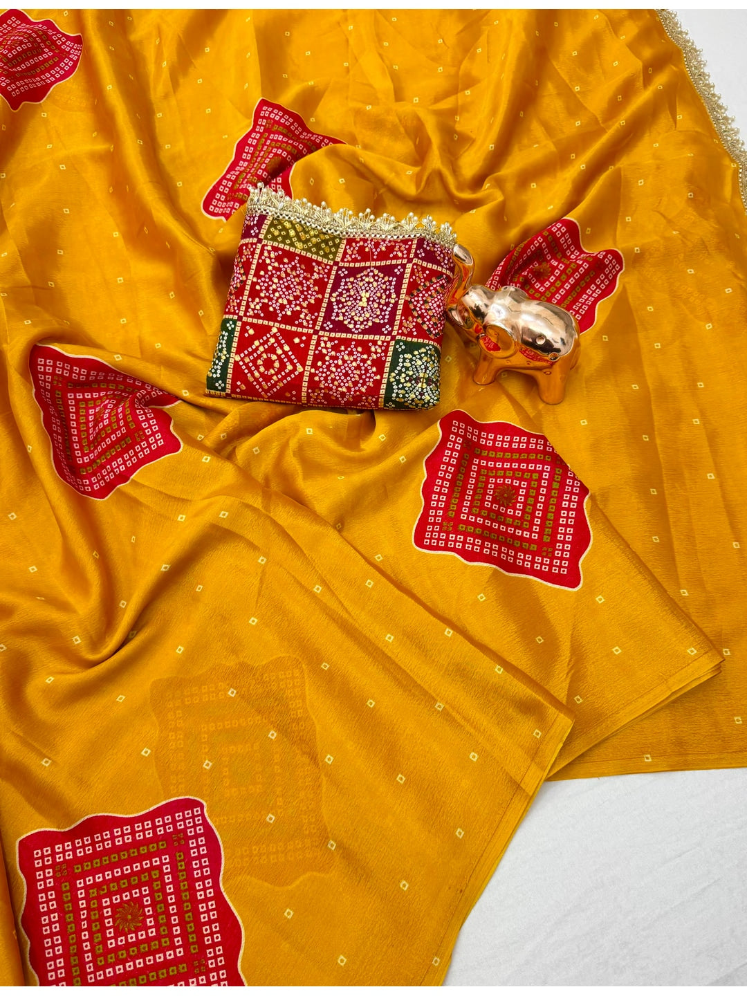 Peachmode Mustard Red Bandhani Print Crepe Silk Saree - Image 2