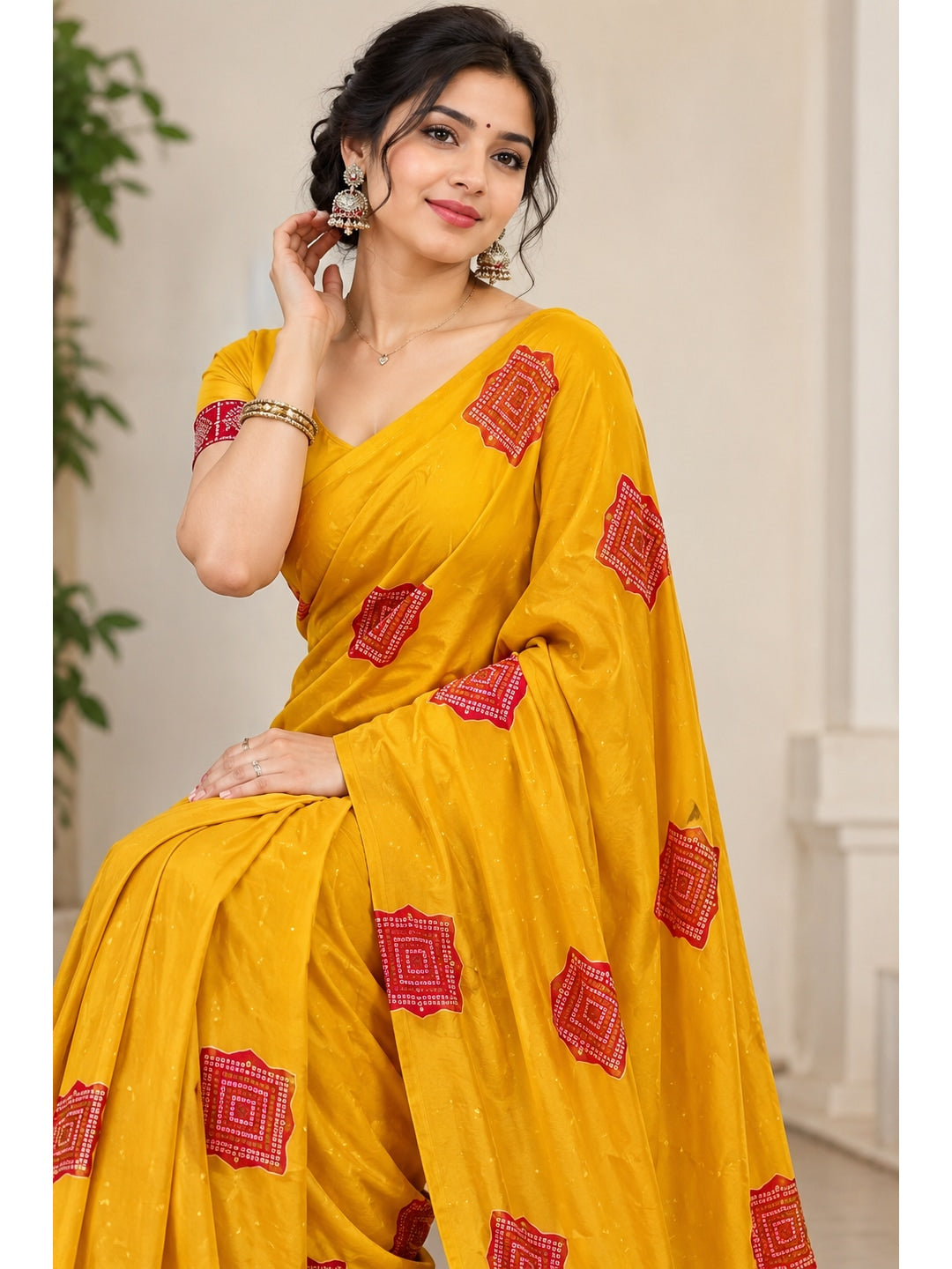 Peachmode Mustard Red Bandhani Print Crepe Silk Saree - Image 3