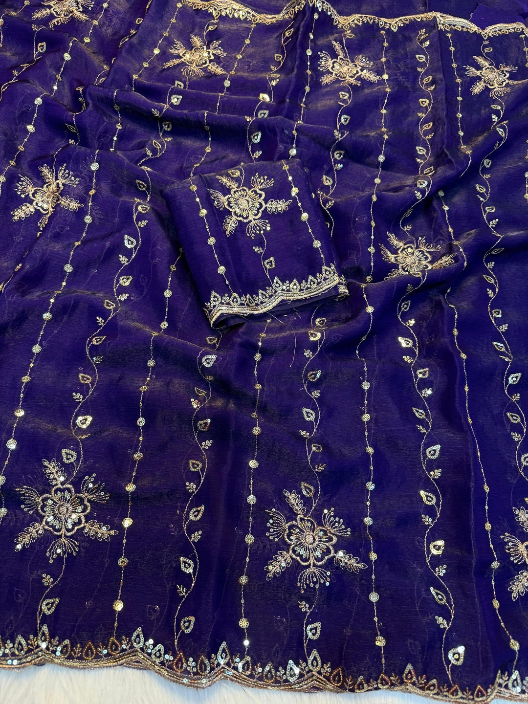 Peachmode Purple Floral Embroidered Fendi Satin Saree - Image 3