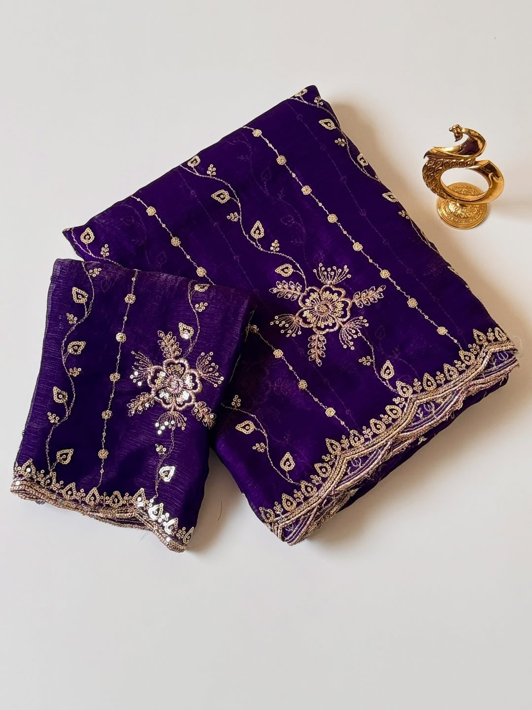 Peachmode Purple Floral Embroidered Fendi Satin Saree - Image 4