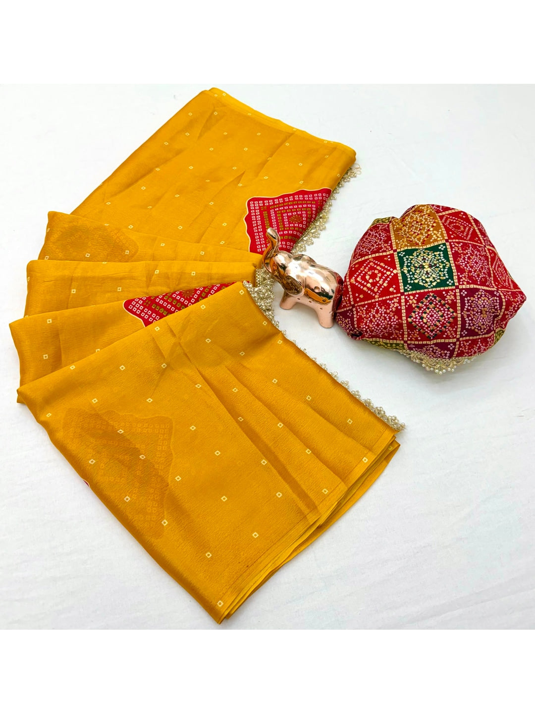 Peachmode Mustard Red Bandhani Print Crepe Silk Saree - Image 5