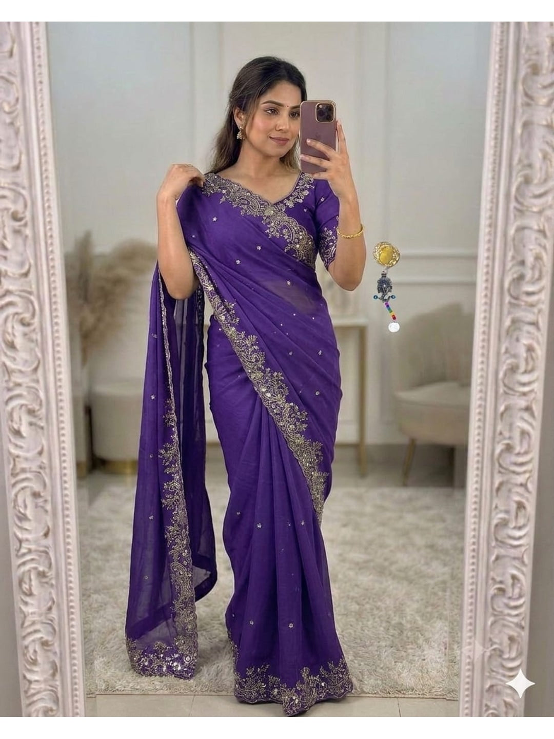 Peachmode Purple Sequin Embroidered Georgette Saree - Image 1