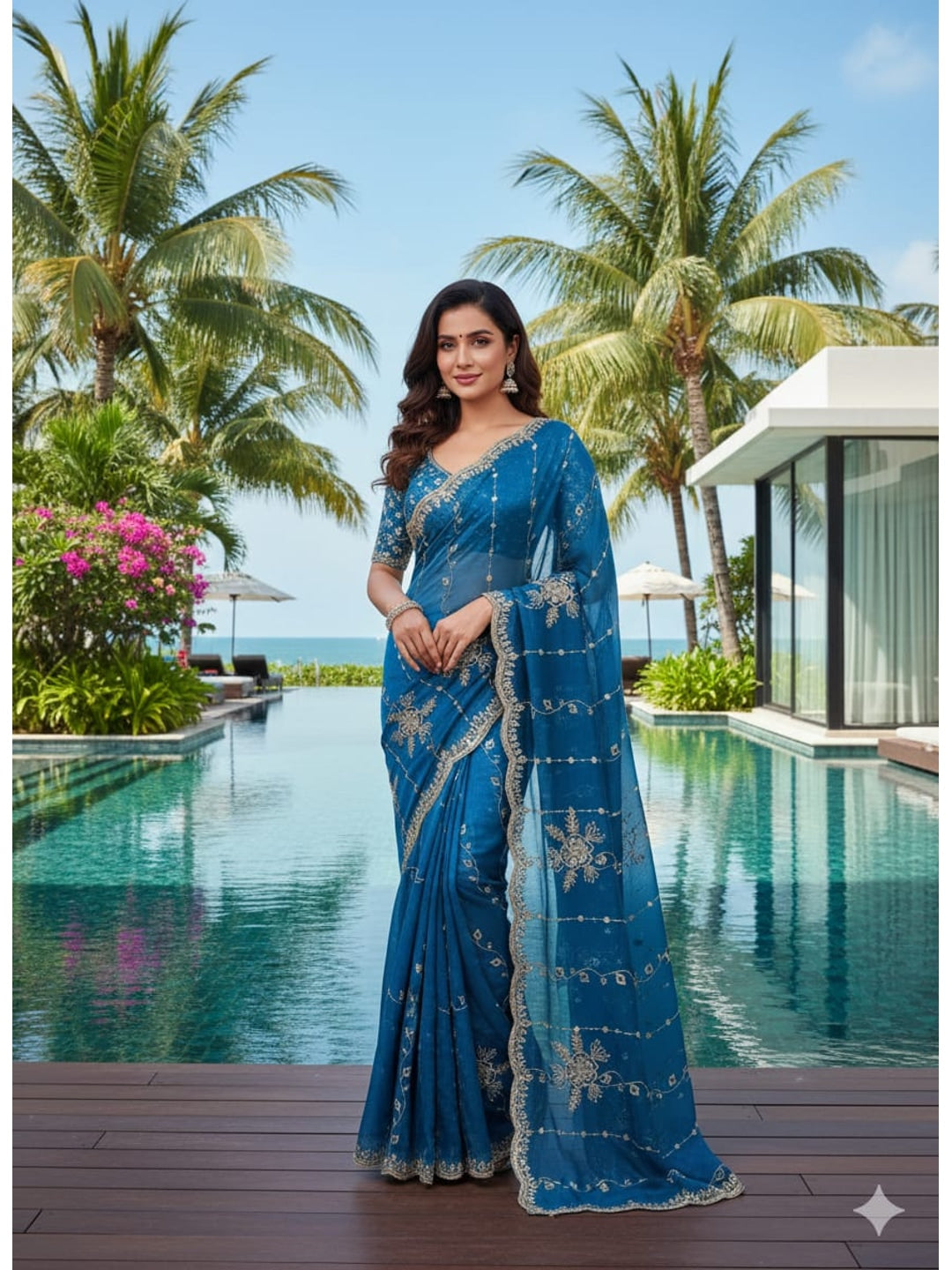 Peachmode Teal Floral Embroidered Fendi Satin Saree - Image 1