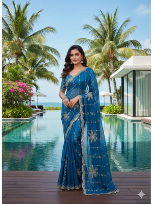 Peachmode Teal Floral Embroidered Fendi Satin Saree - Image 1