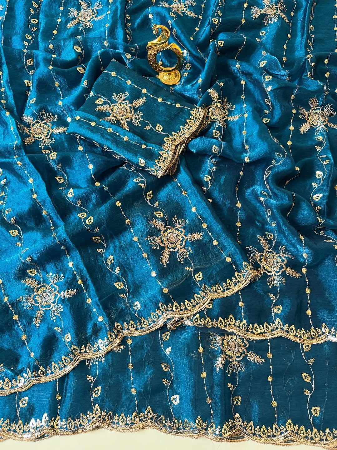 Peachmode Teal Floral Embroidered Fendi Satin Saree - Image 2
