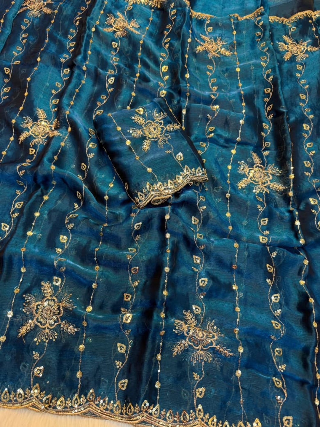 Peachmode Teal Floral Embroidered Fendi Satin Saree - Image 3