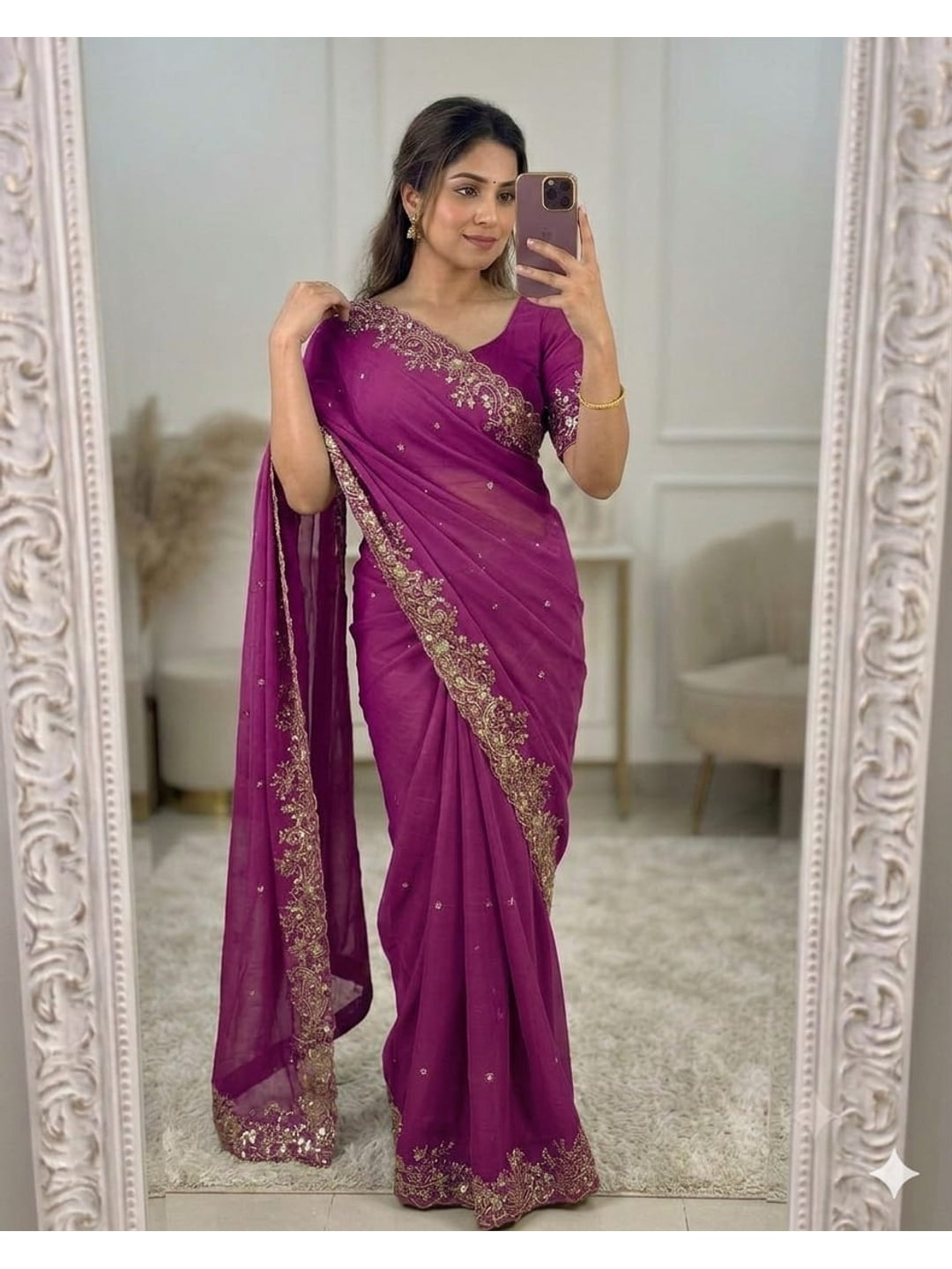 Peachmode Onion Pink Sequin Embroidered Georgette Saree - Image 1