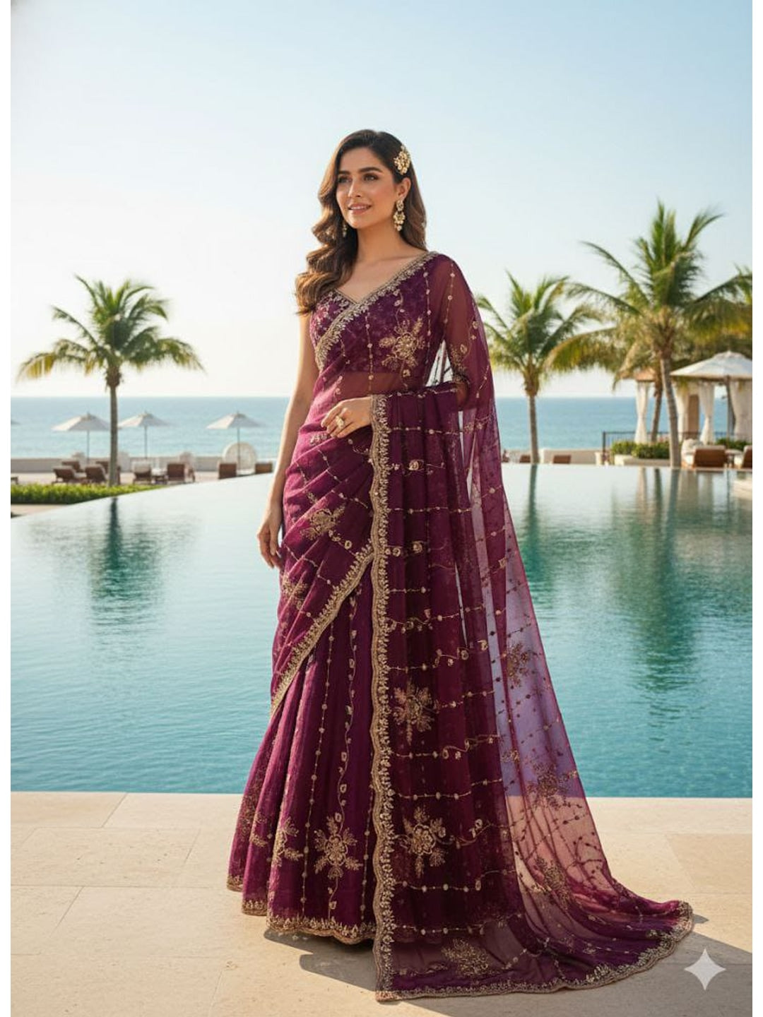 Peachmode Wine Floral Embroidered Fendi Satin Saree - Image 1