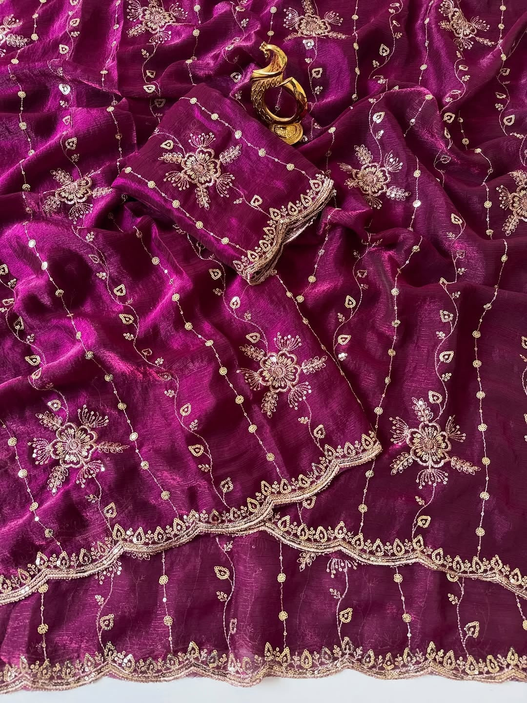 Peachmode Wine Floral Embroidered Fendi Satin Saree - Image 2