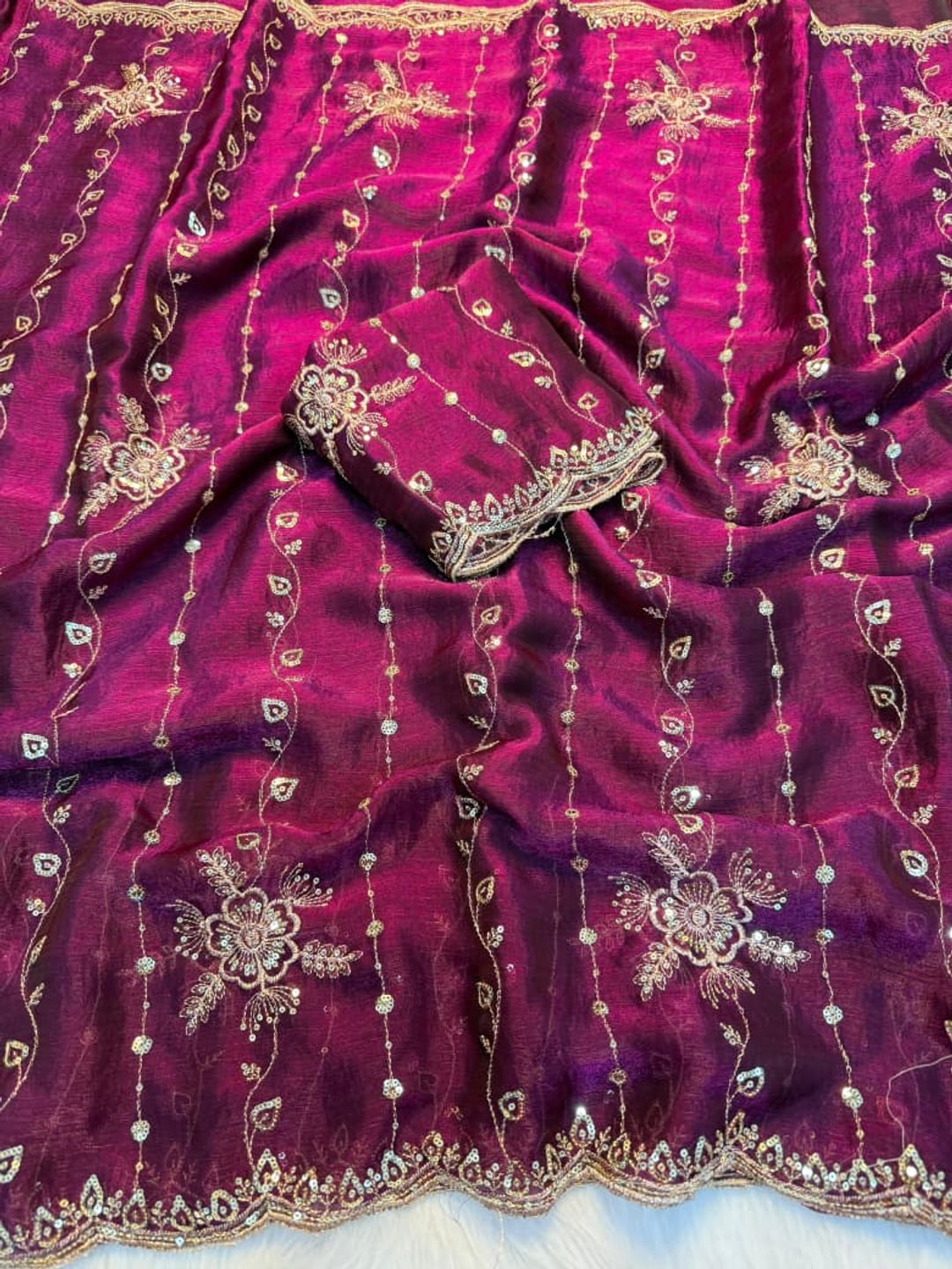 Peachmode Wine Floral Embroidered Fendi Satin Saree - Image 3