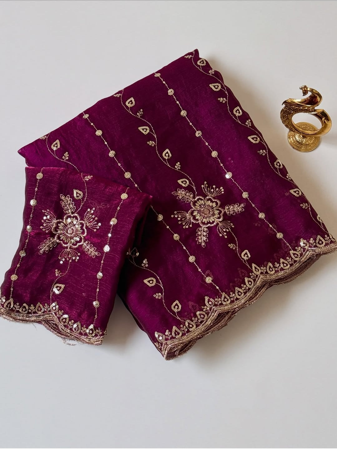 Peachmode Wine Floral Embroidered Fendi Satin Saree - Image 4