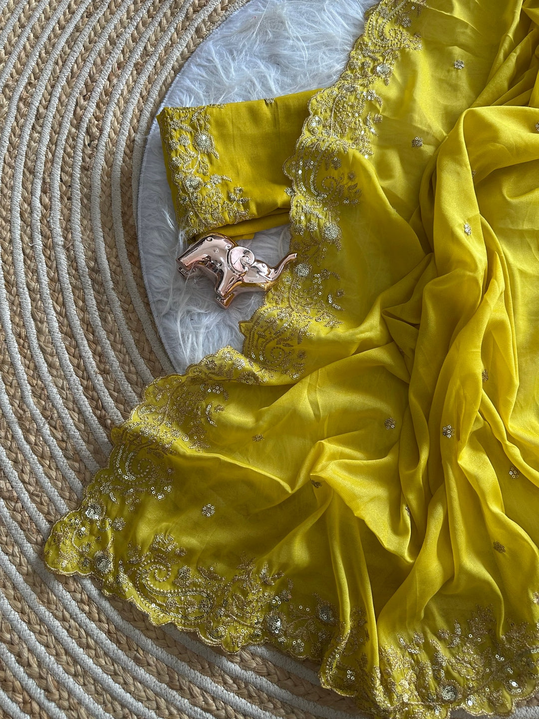 Peachmode Lemon Yellow Sequin Embroidered Georgette Saree - Image 3