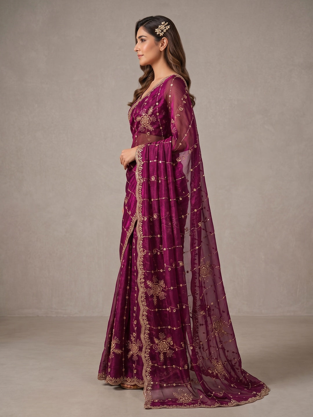 Peachmode Wine Floral Embroidered Fendi Satin Saree - Image 5