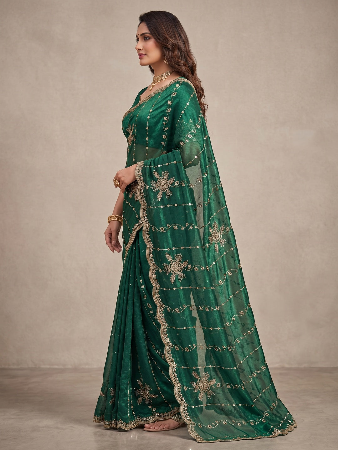 Peachmode Green Floral Embroidered Fendi Satin Saree - Image 5