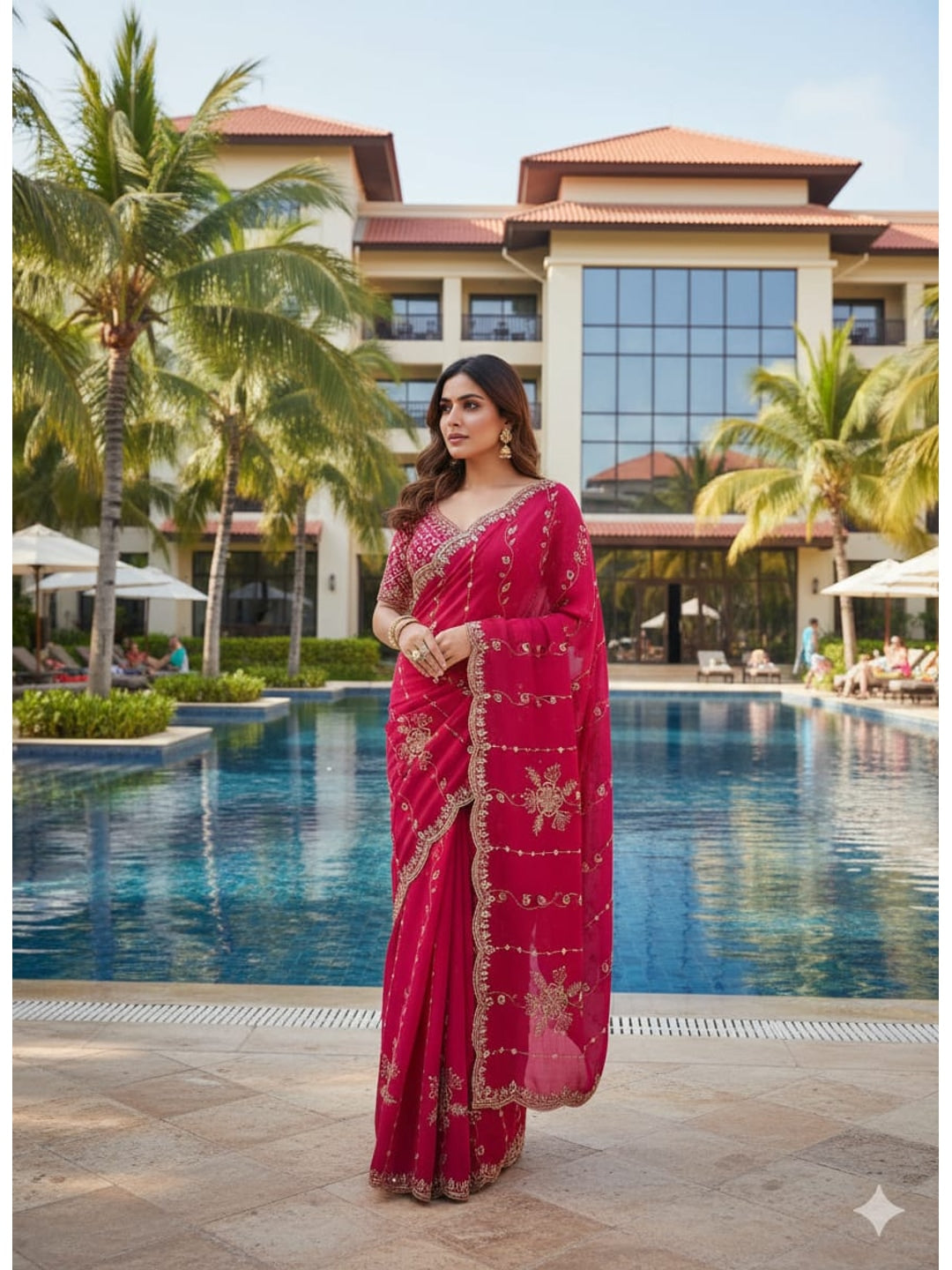 Peachmode Rani Pink Floral Embroidered Fendi Satin Saree - Image 1