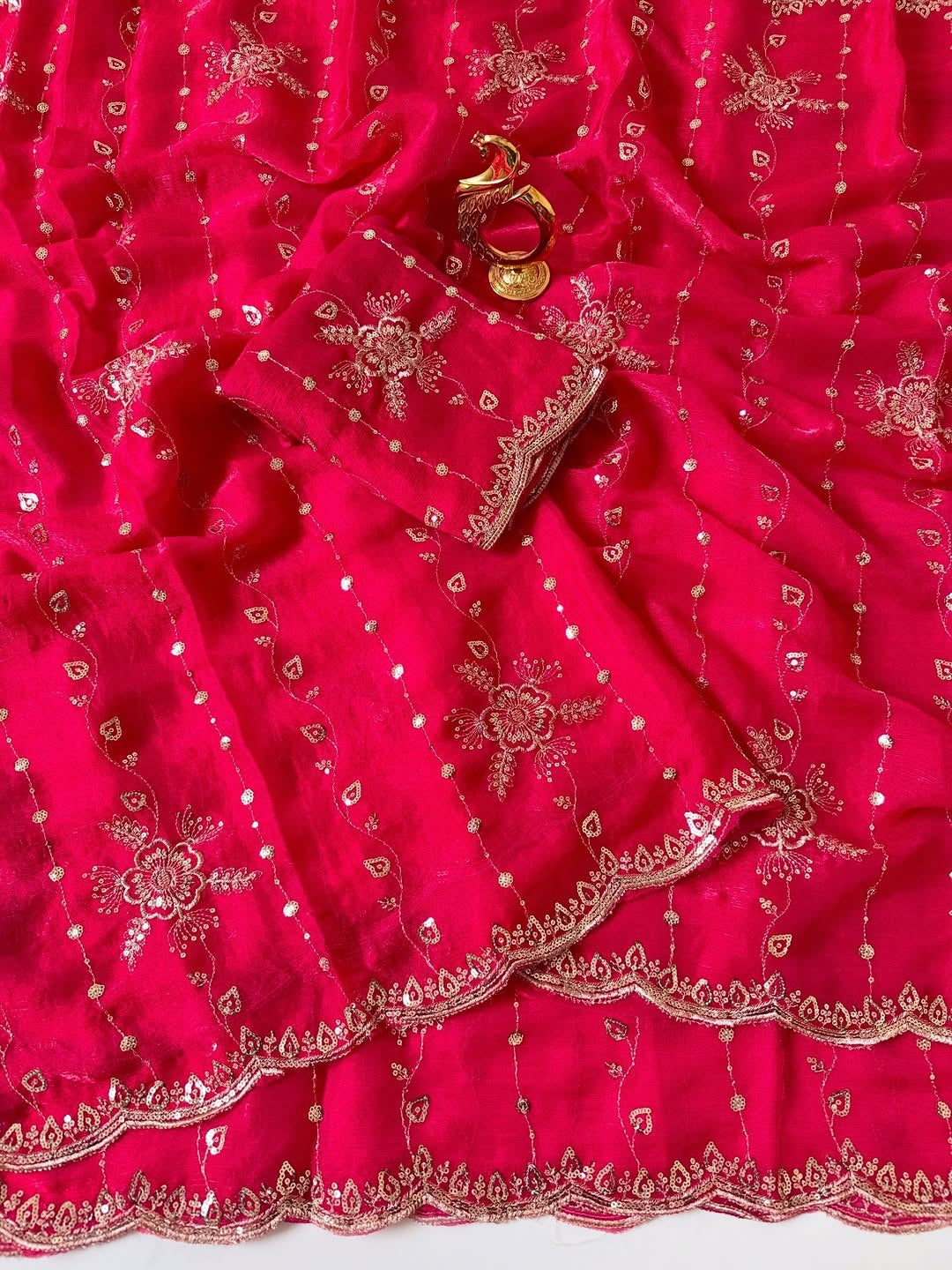 Peachmode Rani Pink Floral Embroidered Fendi Satin Saree - Image 2