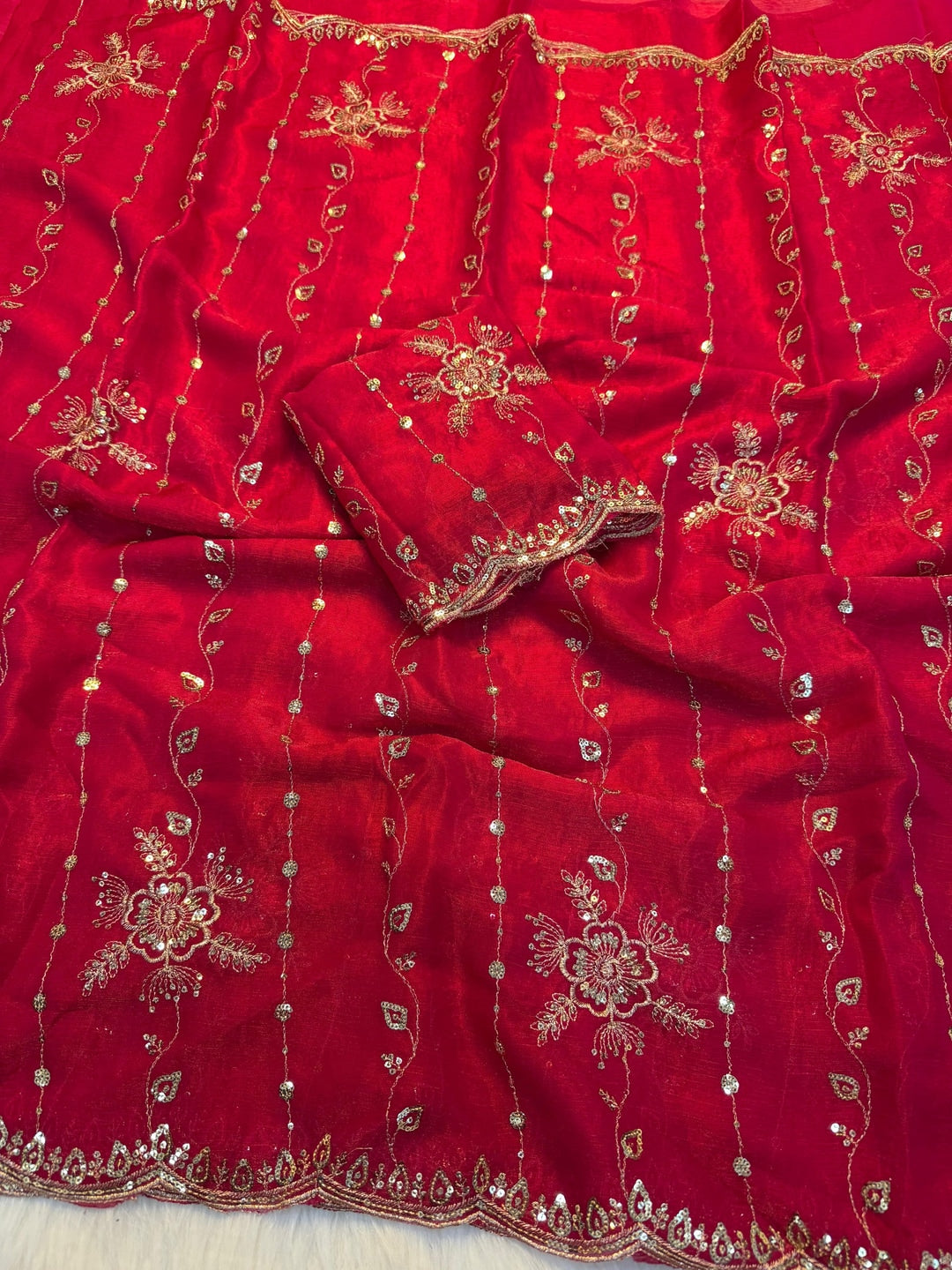Peachmode Rani Pink Floral Embroidered Fendi Satin Saree - Image 3