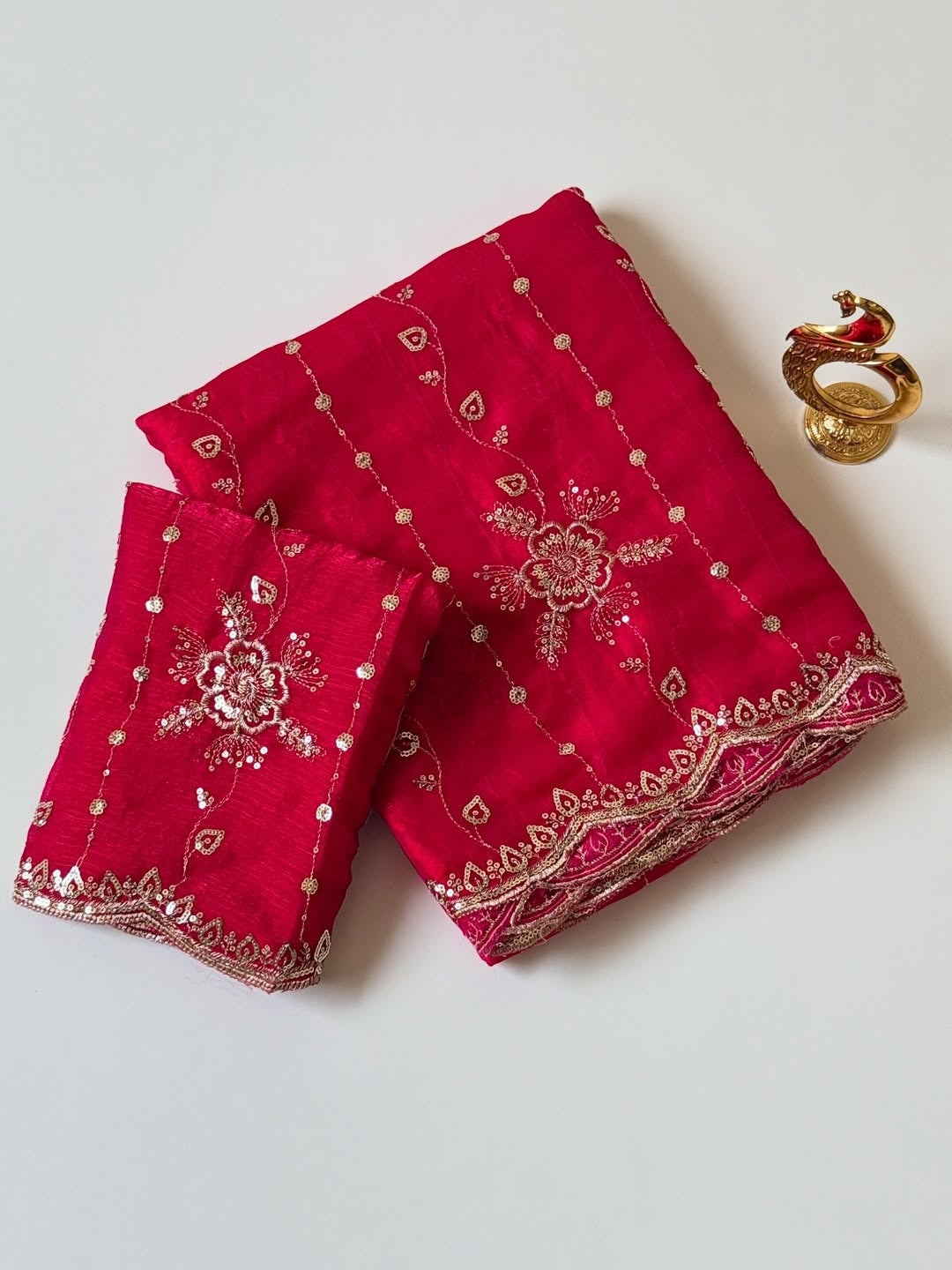 Peachmode Rani Pink Floral Embroidered Fendi Satin Saree - Image 4