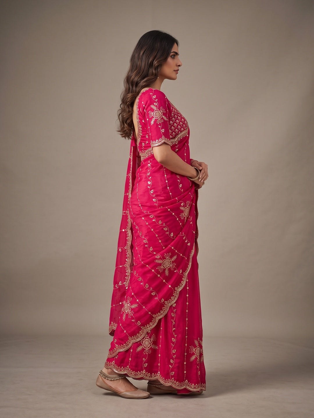 Peachmode Rani Pink Floral Embroidered Fendi Satin Saree - Image 5