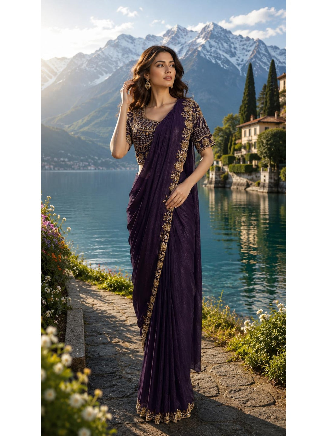 Peachmode Deep Purple Fendi Satin Saree With Beads Work Ready Blouse - Image 2