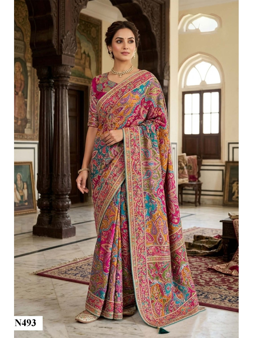 Peachmode Pink Multicolor Aari Work Natural Crepe Saree - Image 2