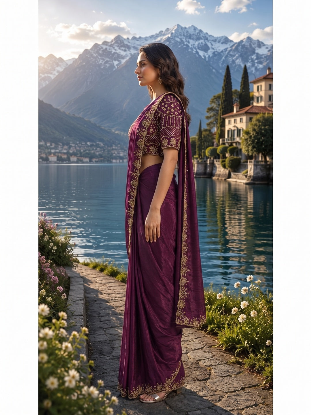 Peachmode Wine Fendi Satin Saree With Beads Work Ready Blouse - Image 4