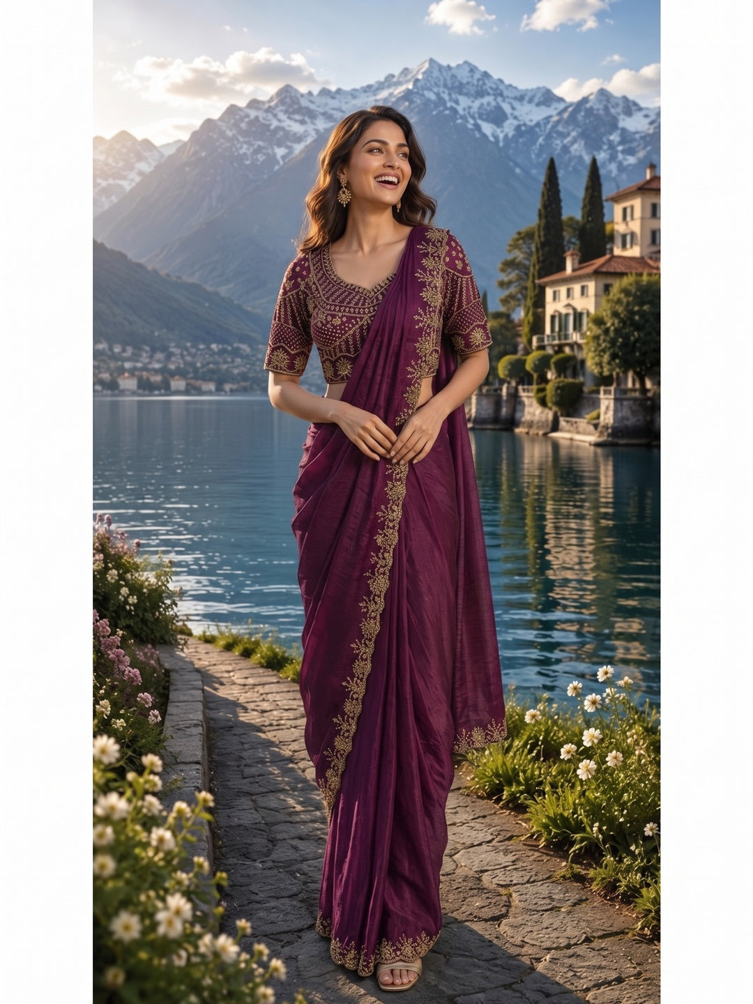Peachmode Wine Fendi Satin Saree With Beads Work Ready Blouse - Image 5