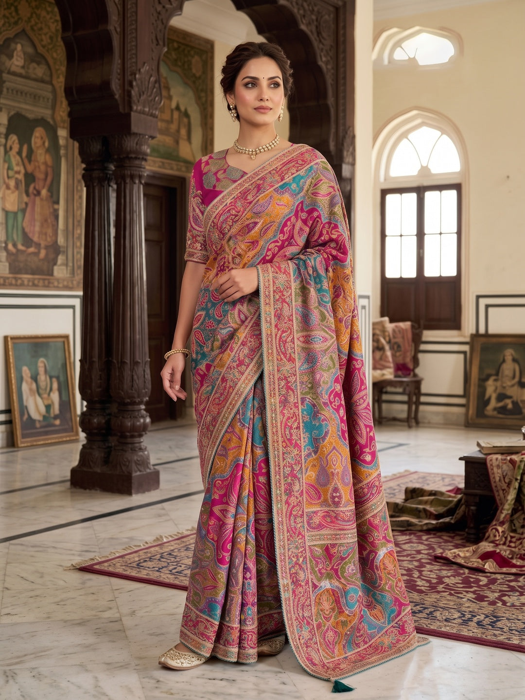 Peachmode Pink Multicolor Aari Work Natural Crepe Saree - Image 5