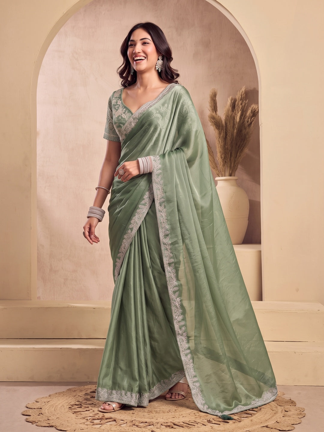 Peachmode Sage Green Tissue Organza Silk Saree With Ready Blouse - Image 4