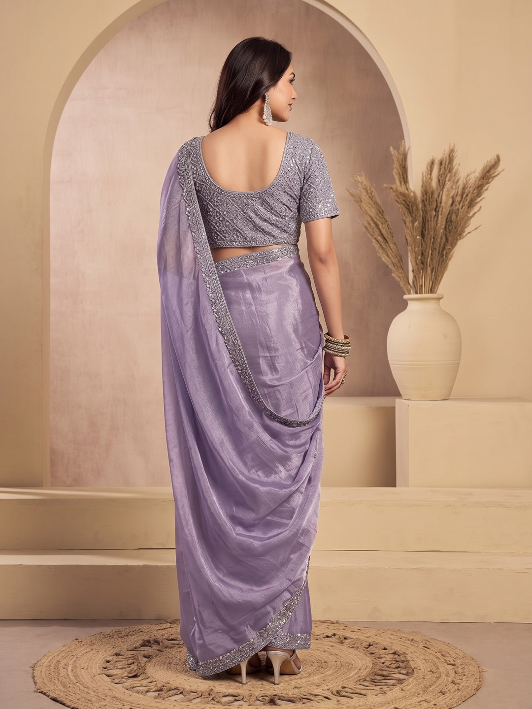 Peachmode Lavender Tissue Organza Silk Saree With Ready Blouse - Image 3
