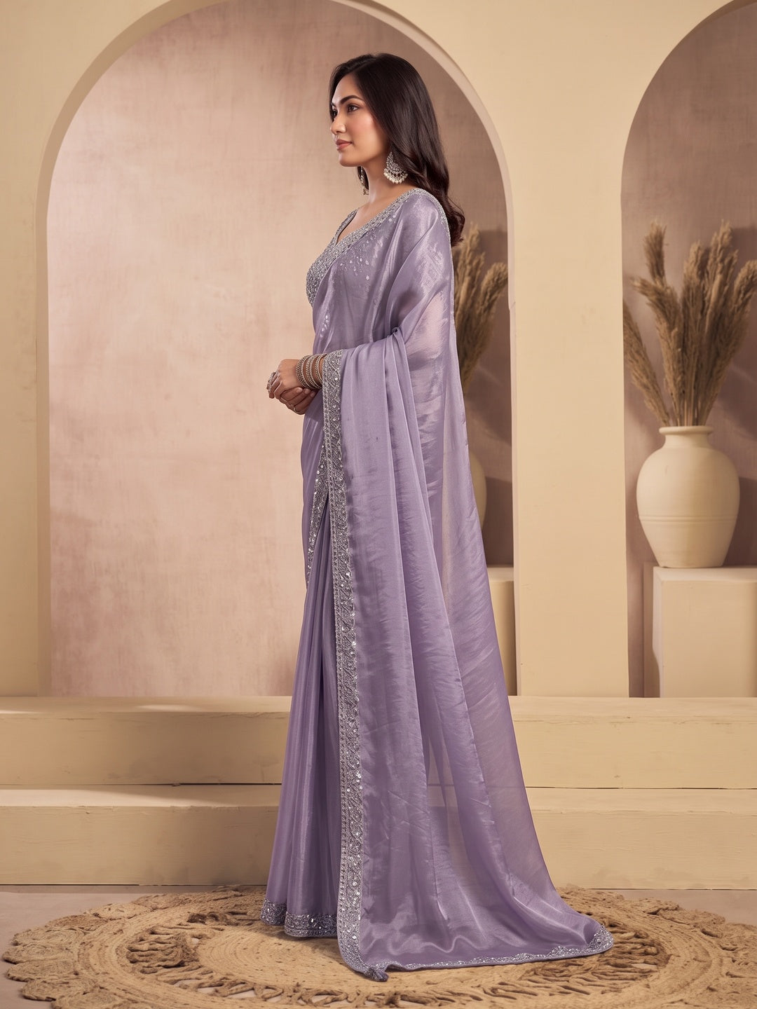 Peachmode Lavender Tissue Organza Silk Saree With Ready Blouse - Image 4