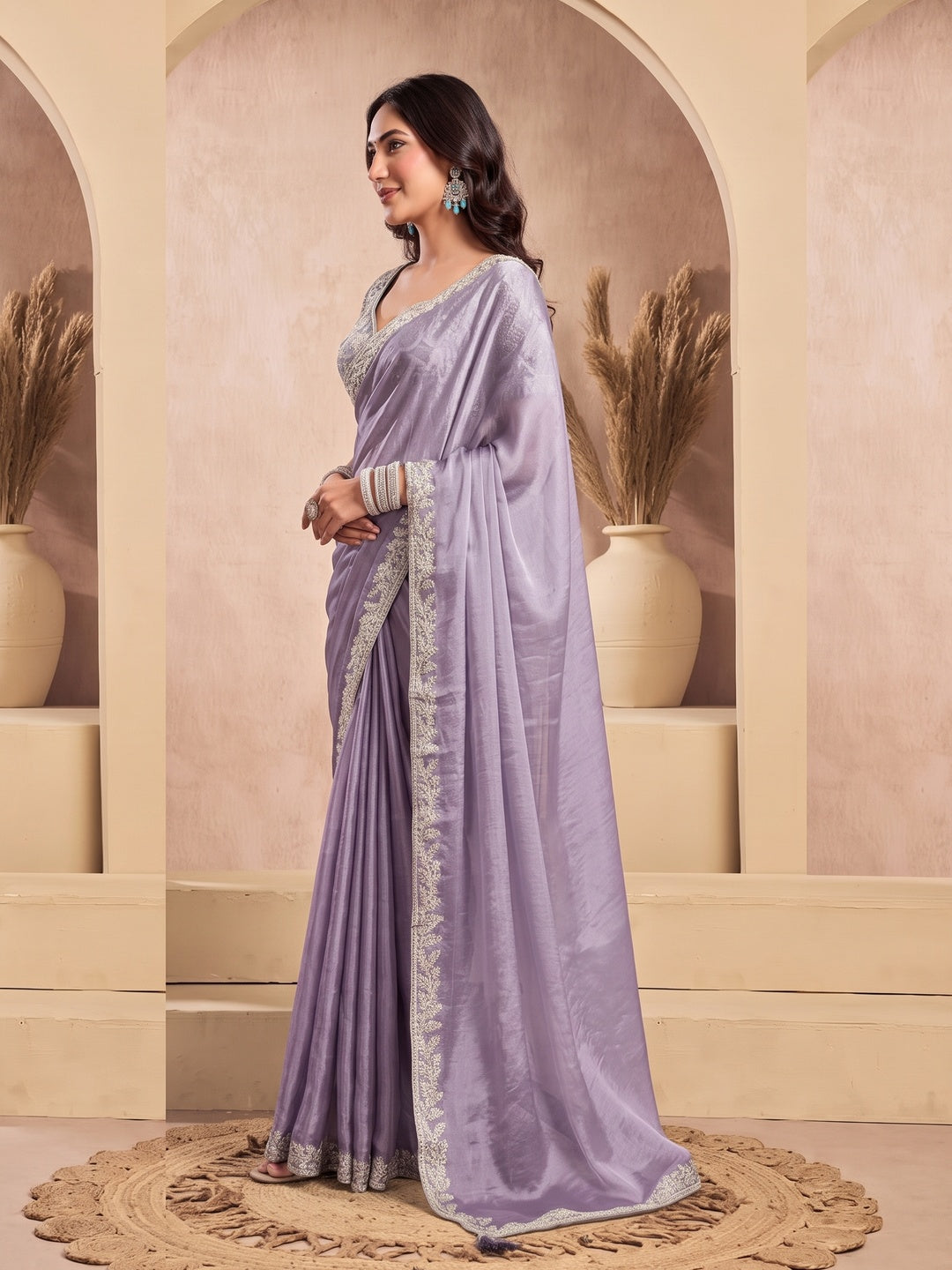 Peachmode Lavender Tissue Organza Silk Saree With Ready Blouse - Image 4